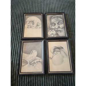 Doug Lindstrand Framed Art Prints Set of 4 Sketches Santa Bear Owl Husky Vintage